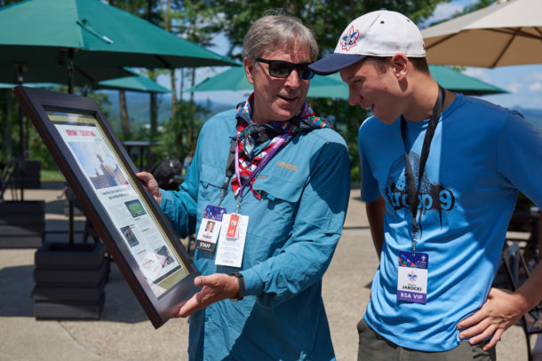 Jack Furst presents a gift at the 2019 World Scout Jamboree