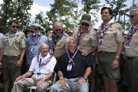 Summit Bechtel Reserve philanthropists Paul Christen, seated left, and Rex Tillerson, seated right, are joined by Eagle Scouts from across America for a gathering of Eagles photo at the 2019 World Scout Jamboree.