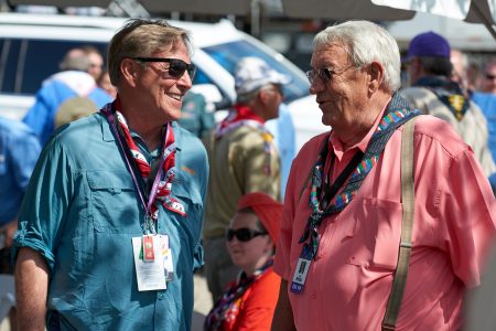 Summit Bechtel Reserve philanthropists Jack Furst, left, and Lonnie Poole enjoy conversation at the 2019 World Scout Jamboree.