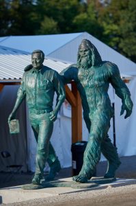 The bronze statue honoring Jack Link and his friend Sasquatch is located near Jack Link's Scout Pavilion at The Barrels.