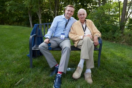 J.W. Marriott Jr., right, and grandson Blake Marriott relax at Fenneman Lodge during the 2019 World Scout Jamboree.