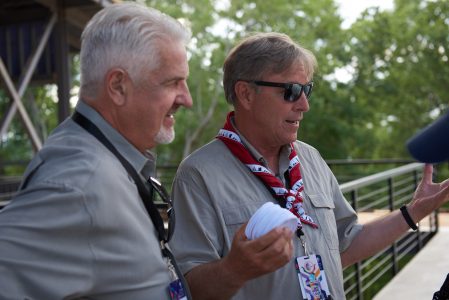 As part of the 2019 World Scout Jamboree festivities, Brett Harvey, left, and Jack Furst attend a construction celebration at the J.W. Marriott, Jr. Leadership Center on Robert E. Murray Leadership Ridge.
