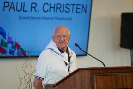 Paul Christen addresses a group of Summit Bechtel Reserve supporters at the 2019 World Scout Jamboree.
