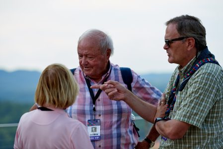 Doug Dittrick, center, with Joe Crafton, left, at WP Point during the 2019 World Scout Jamboree