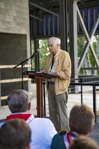 Bill Marriott delivers remarks during the construction celebration of the J.W. Marriott, Jr. Leadership Center at the 2019 World Scout Jamboree.