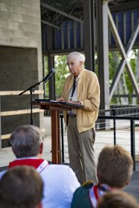 Bill Marriott delivers remarks during the construction celebration of the J.W. Marriott, Jr. Leadership Center at the 2019 World Scout Jamboree.
