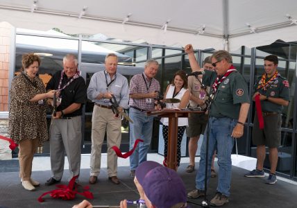 Fron left, Renda and Rex Tillerson, Ross Perot Jr., and Trevor and Jan Rees-Jones cut the ribbon to dedicate the Rex W. Tillerson Leadership Center at the 2019 World Scout Jamboree.