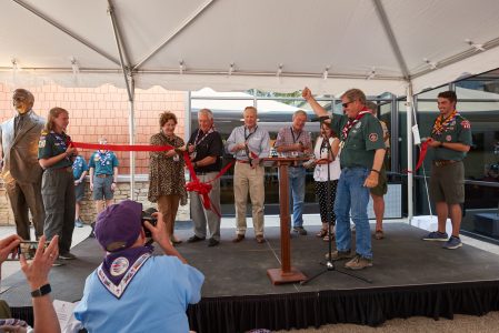 Renda, left, and Rex Tillerson participate with Ross Perot Jr., Jan and Trevor Rees-Jones, and Jim Turley at the dedication of Rex W. Tillerson Leadership Center at the 2019 World Scout Jamboree. Summit Bechtel Reserve philanthropist Jack Furst led the countdown to cut the ribbon on the venue.