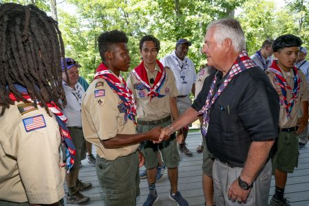 Former U.S. Secretary of State and former BSA President Rex Tillerson greets fellow Eagle Scouts after the dedication of the Rex W. Tillerson Leadership Center at the 2019 World Scout Jamboree.