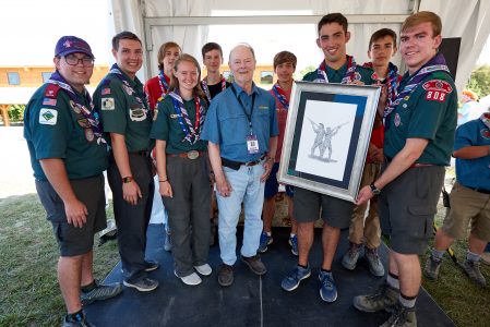 Dedication of Si and Eaton Brown bronze at World Scout Jamboree, 2019