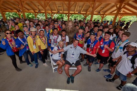 Sasquatch joins Jack and Mary Jo Link in hosting a world of Scouts at Jack Link's Scout Pavilion during the 2019 World Scout Jamboree.