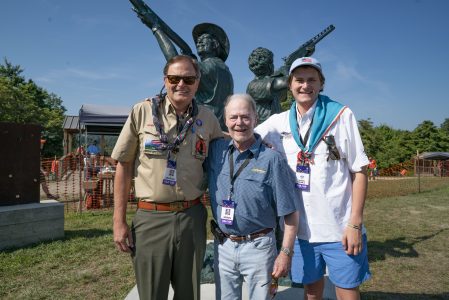 Summit Bechtel Reserve philanthropists Joe Crafton, left, and Si Brown, along with Joe's son, Joe Reeves Crafton III, at the 2019 World Scout Jamboree