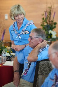 Christine and Wayne Perry enjoy a light moment before a staff dinner during the 2019 World Scout Jamboree.