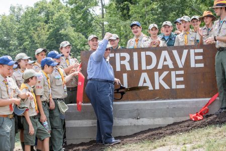 Dave Alexander celebrates the dedication of Tridave Lake at the 2017 National Scout Jamboree.