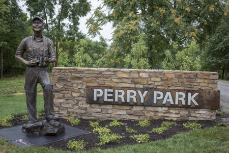 Perry Park entrance, with bronze of past BSA National President Wayne Perry
