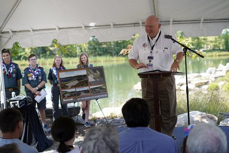 Ray Dillon addresses the crowd during the dedication of Ray and Deborah Dillon Amphitheater.