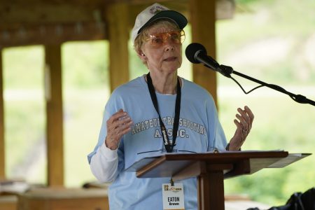 Championship shooter Eaton Brown gives remarks at the dedication of Si and Eaton Brown's Bluff.