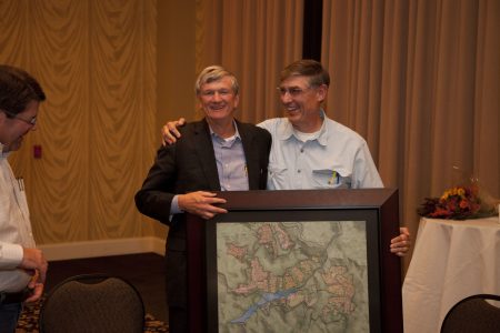 Mike Goodrich, left, and Wayne Perry at a celebration of the establishment of Goodrich Lake as one of the first permanent venues at the Summit Bechtel Reserve.