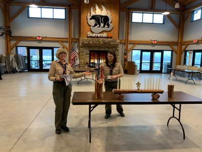 Summit Bechtel Reserve philanthropist Christine Perry, left, leads a Wood Badge course session with the Scouting America's April McMillan at Thomas G. Pigott Dining Hall in 2020.