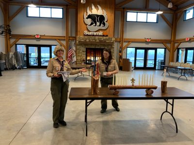 Summit Bechtel Reserve philanthropist Christine Perry, left, leads a Wood Badge course session with the BSA's April McMillan at Thomas G. Pigott Dining Hall in 2020.