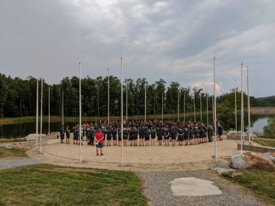 Participants at the Kodiak Challenge at FentruingFest 2018 hold a ceremony at Norman R. Augustine Twelve Points Ceremonial Plaza.