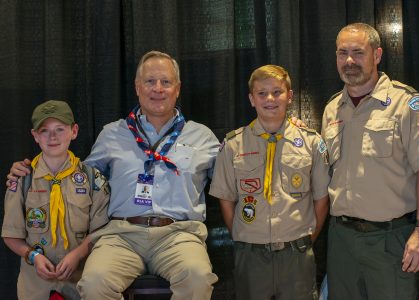 Ross Perot Jr., second from left, greeted Scouts from all nations after the dedication of the Perot Family Leadership Wing and Ross Perot Leadership Hall at the 2019 World Scout Jamboree.