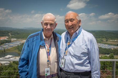 Summit Bechtel Reserve philanthropists Bill Marriott, left, and Gene Yamagata enjoy a sunny day on the deck of WP Point during the 2017 National Scout Jamboree.